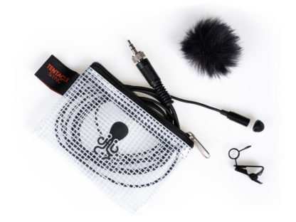 Lavalier microphone packed in an octopus print zipper bag with a neat clip and windjammer