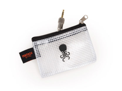 Microphone adapter in small black zipper bag with octopus print