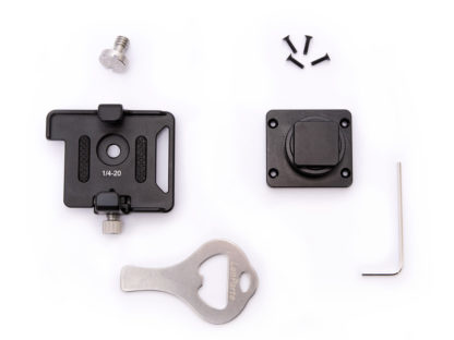 SYNC E bracket with 1/4 inch screw, cold shoe mount, 4 small screws, slot screwdriver