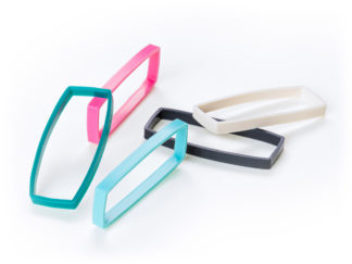 Track E coloured silicone bands in pink, ligt blue, turquoise, black and white