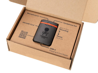 Track E Audio Recorder in ecological box with instructions printed on it